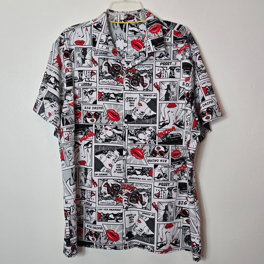Mens Comic Book Pop Art Graphic Button Front Short Sleeve Shirt‎ 2XL White Red